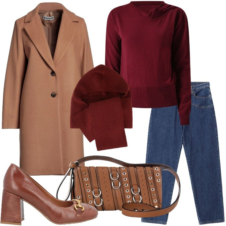 Outfit donna - Jeans in ufficio. Stile Casual chic per Ufficio. Abbinamento con cappotti, décolleté, jeans, sciarpe, borse a spalla, maglieria.