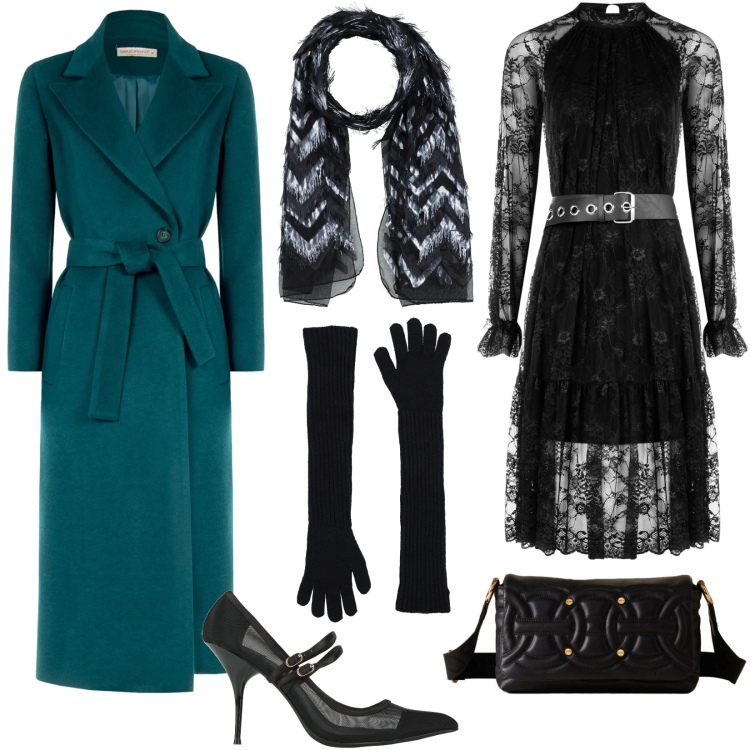 Outfit donna - Al party di Capodanno. Stile Chic per Serata fuori. Abbinamento con guanti, décolleté, sciarpe, vestiti midi/longuette, cappotti, borse a tracolla.