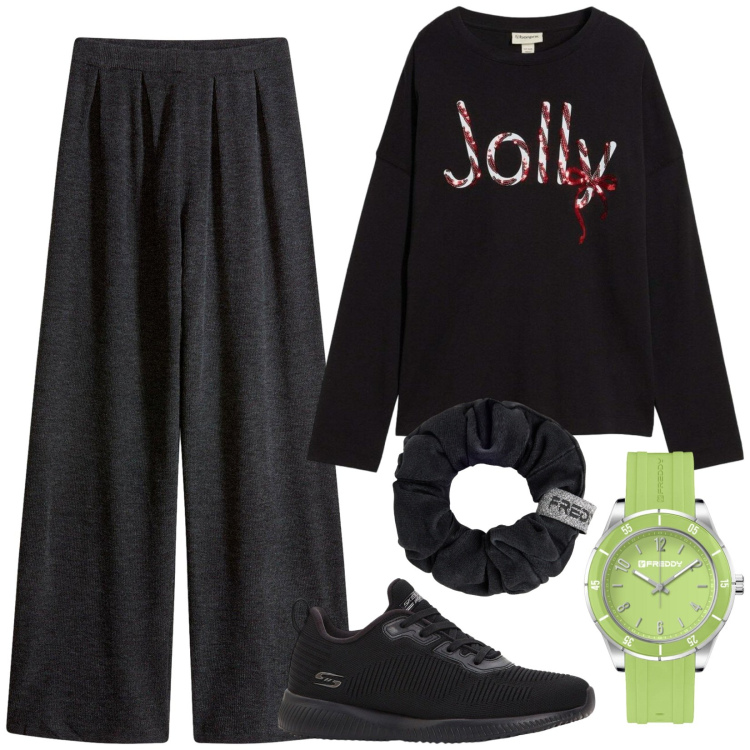 Outfit donna - Homewear. Stile Basic per Tutti i giorni. Abbinamento con sneakers, pantaloni, maglieria, orologi, accessori per capelli.