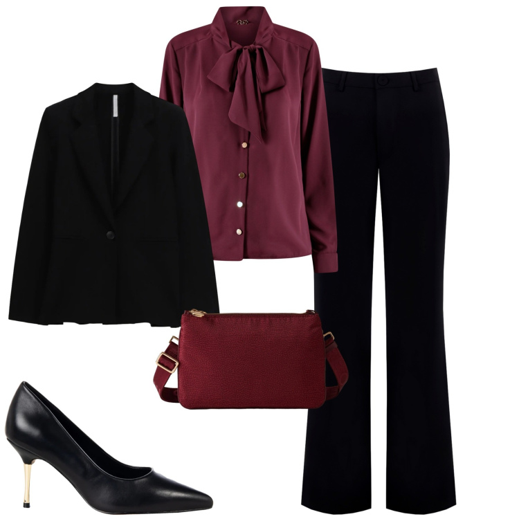 Outfit donna - Elegante per la sera. Stile Chic per Serata fuori. Abbinamento con pantaloni, décolleté, bluse, blazer, borse a tracolla.