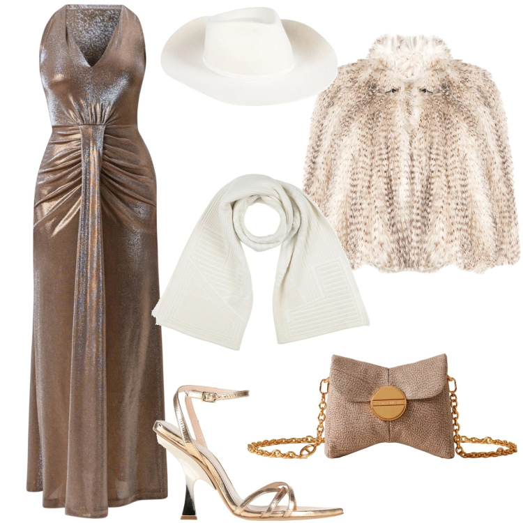 Outfit donna - Al party di Capodanno. Stile Chic per Serata fuori. Abbinamento con sciarpe, sandali in pelle, cappelli, ecopellicce, vestiti lunghi, borse a tracolla.