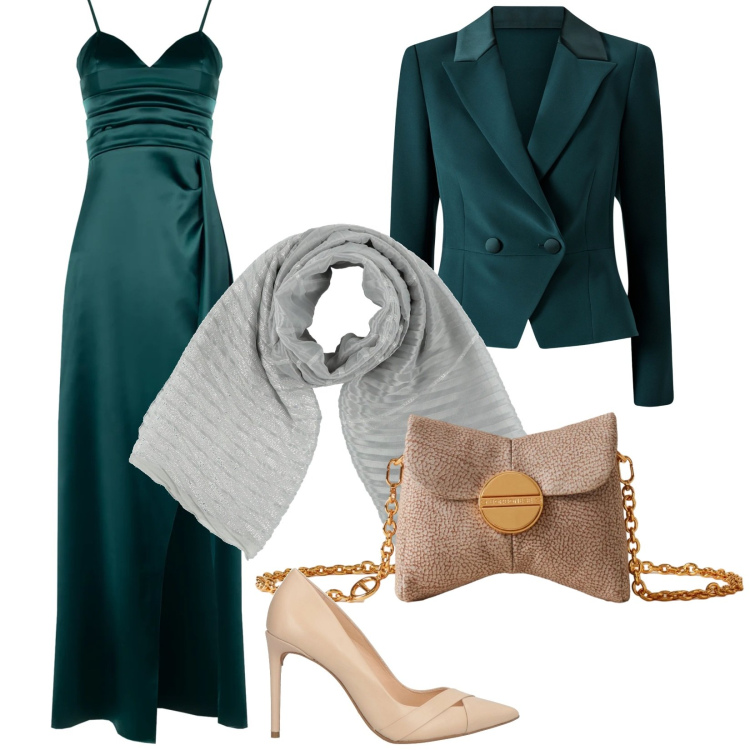 Outfit donna - Cerimonia in verde. Stile Chic per Cerimonia. Abbinamento con décolleté, sciarpe, vestiti lunghi, blazer, borse a tracolla.