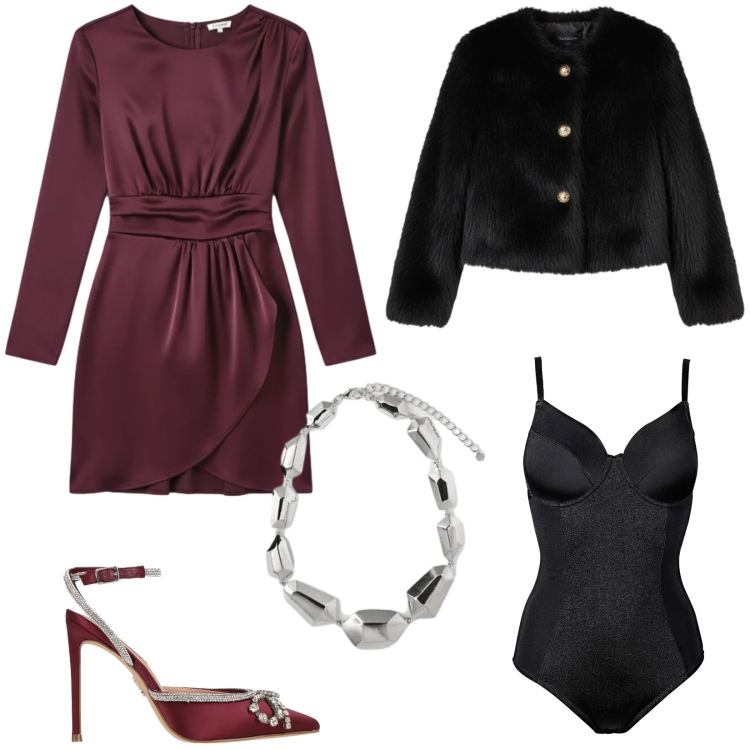 Outfit donna - Al party di Capodanno. Stile Chic per Serata fuori. Abbinamento con body, décolleté, vestiti corti, ecopellicce, ciondoli.