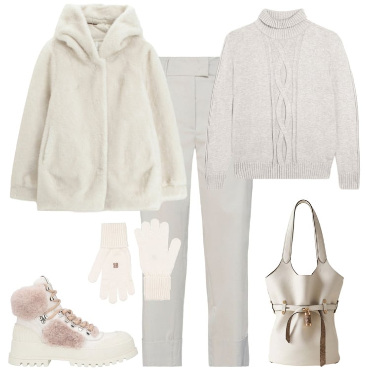 Outfit donna - Trendy in bianco per la montagna. Stile Trendy per Tutti i giorni. Abbinamento con pantaloni, stivaletti, guanti, ecopellicce, maglieria, borse a secchiello.