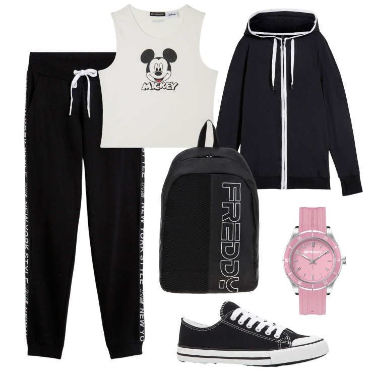 Outfit donna - Tempo di fitness. Stile Casual per Tutti i giorni. Abbinamento con felpe, pantaloni, sneakers, zaini, orologi, canottiere.