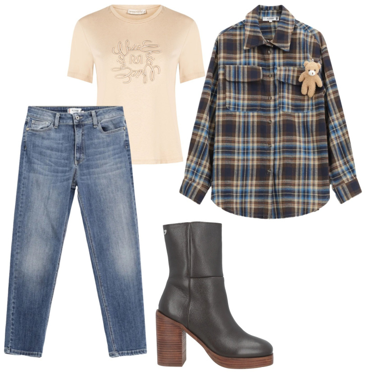 Outfit donna - Camicia a quadri. Stile Casual per Tutti i giorni. Abbinamento con stivaletti, camicie, jeans skinny, t-shirt.