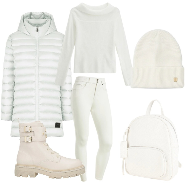 Outfit donna - Bianca come la neve. Stile Casual chic per Tutti i giorni. Abbinamento con zaini, anfibi, berretti, maglieria, pantaloni skinny, piumini.