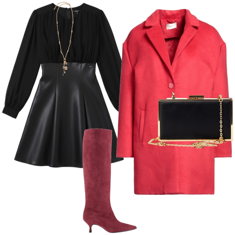 Outfit donna - E festa sia. per Serata fuori. Abbinamento con cappotti, stivali, pochette, vestiti corti, ciondoli.