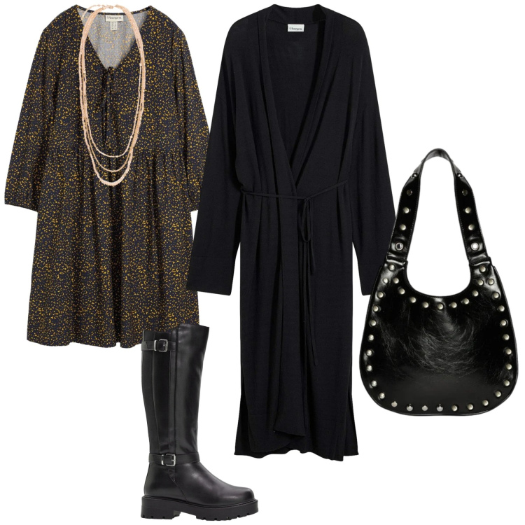 Outfit donna - A casa di amici. per Serata fuori. Abbinamento con cappotti, vestiti, stivali, borse a spalla, collane.