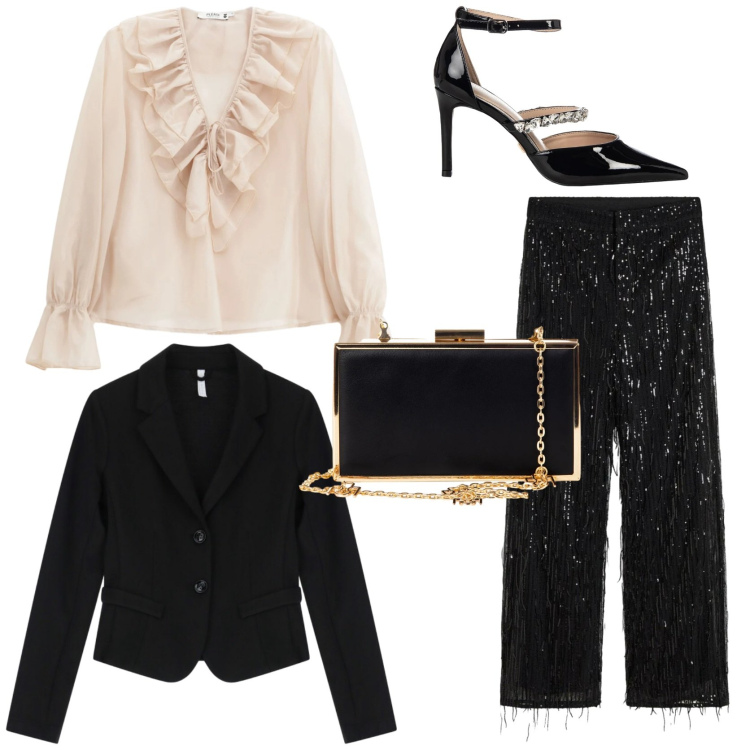 Outfit donna - Capodanno elegante e raffinato. Stile Chic per Serata fuori. Abbinamento con pantaloni, camicie, pochette, décolleté, blazer.