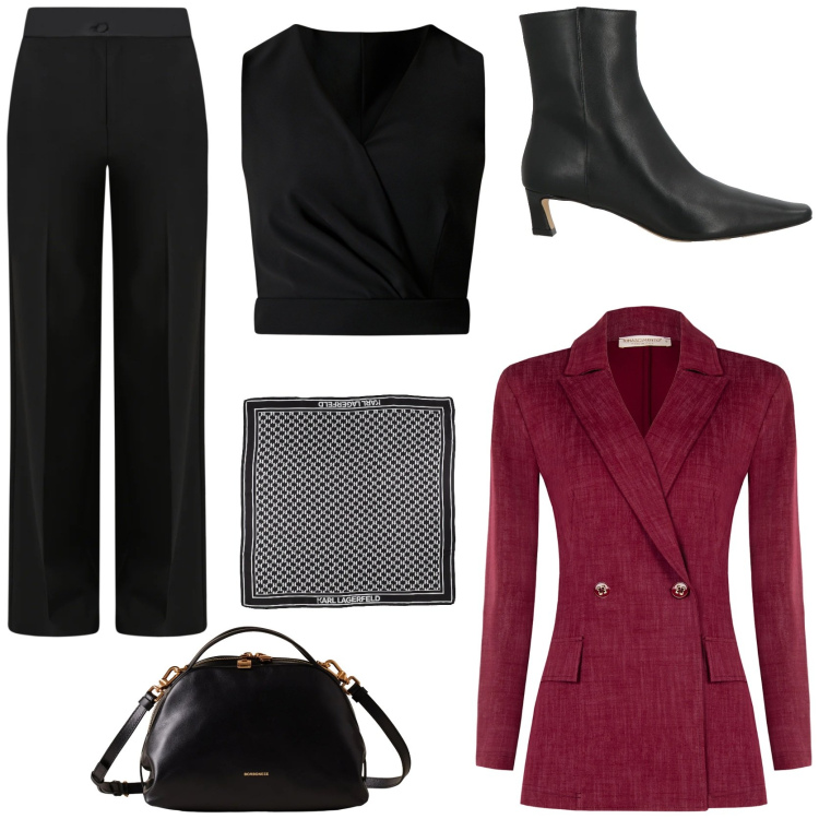 Outfit donna - La mia cena aziendale. Stile Chic per Serata fuori. Abbinamento con stivaletti, sciarpe, top, pantaloni a palazzo, blazer, borse a mano.