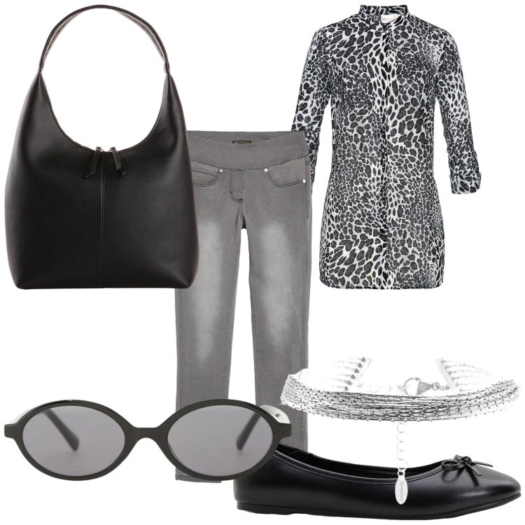 Outfit donna - Total look monocromatico. Stile Basic per Tutti i giorni. Abbinamento con jeans dritti, ballerine, shopping bag, camicie, occhiali da sole, braccialetti.