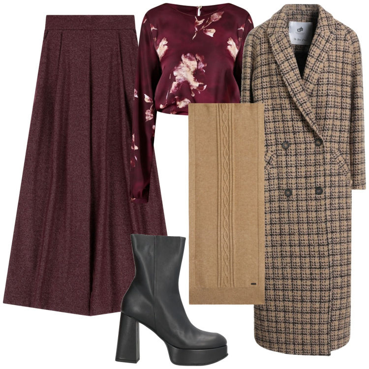 Outfit donna - Pantaloni e Blusa Bordeaux. Stile Chic per Serata fuori. Abbinamento con cappotti, stivaletti, pantaloni a palazzo, bluse, sciarpe.