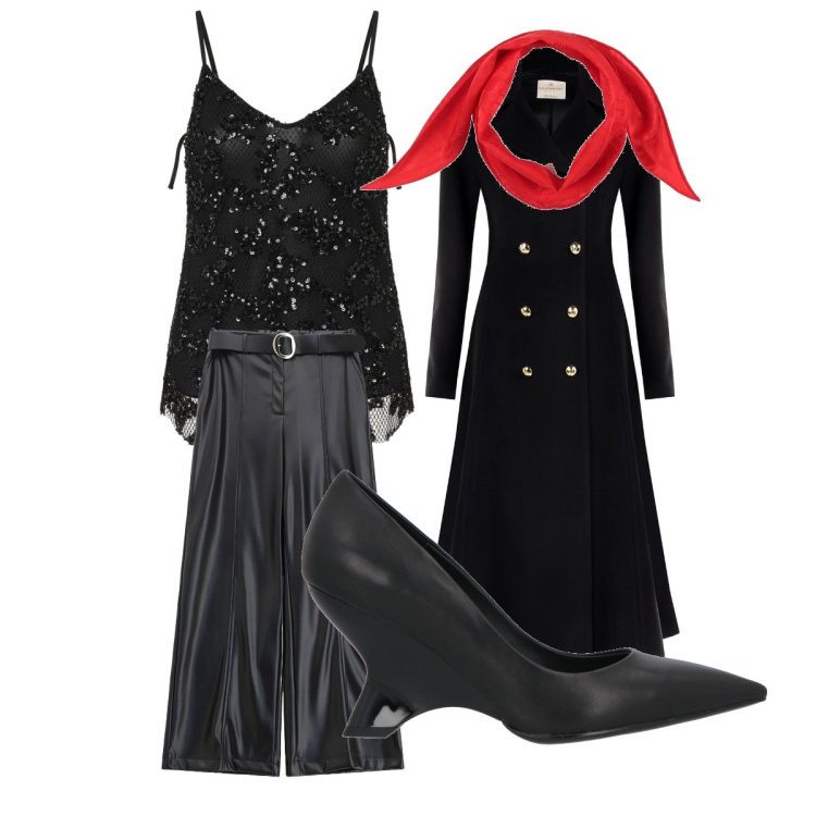 Outfit donna - Party notte di capodanno. Stile Glamour per Serata fuori. Abbinamento con sciarpe, décolleté, canottiere, cappotti, pantaloni.