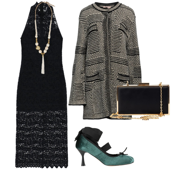 Outfit donna - Per la notte di follia. per Serata fuori. Abbinamento con cappotti, décolleté, pochette, vestiti midi/longuette, ciondoli.