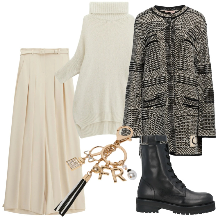 Outfit donna - Oro e Perle. Stile Casual chic per Ufficio. Abbinamento con cappotti, anfibi, pantaloni a palazzo, maglieria, portachiavi.