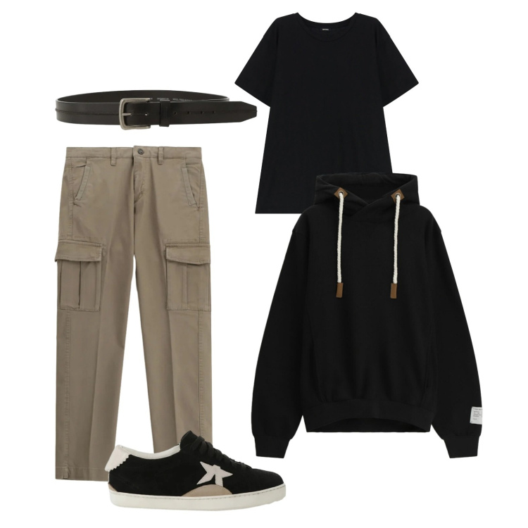 Outfit uomo - Serata fuori. Stile Casual per Tutti i giorni. Abbinamento con t-shirt, pantaloni cargo, cinture, felpe con cappuccio, sneakers.