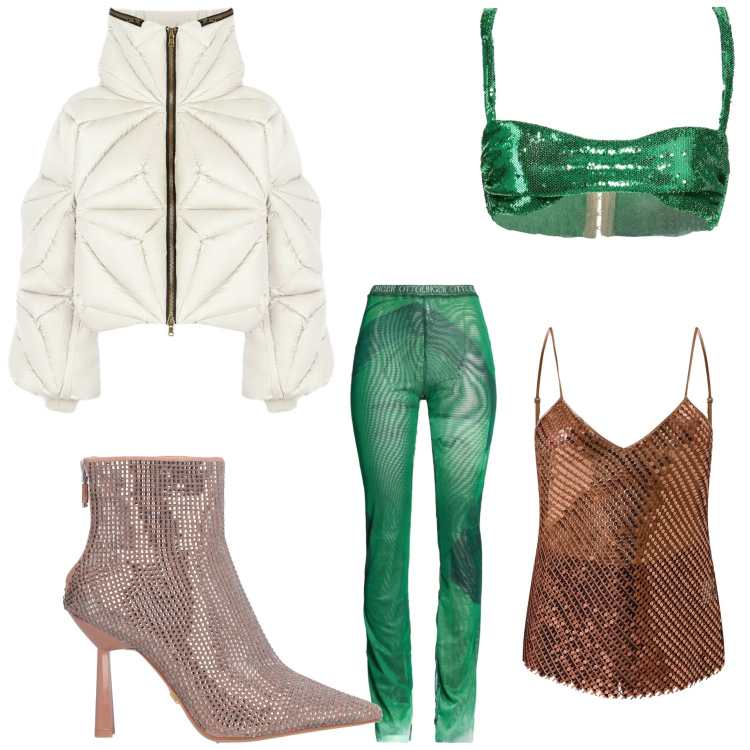 Outfit donna - Total look #2307302. Stile Glamour per Serata fuori. Abbinamento con stivaletti, top, leggings, canottiere, piumini.