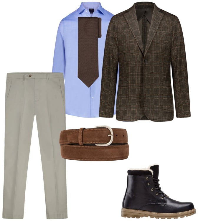 Outfit uomo - Capodanno a casa. per Serata speciale. Abbinamento con stivali e stivaletti, giacche, camicie, pantaloni chino, cravatte, cinture.