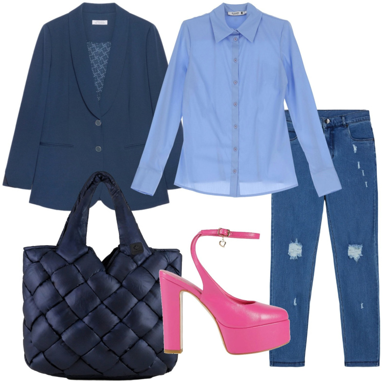 Outfit donna - Jeans e tacchi. Stile Minimal per Tutti i giorni. Abbinamento con décolleté, camicie, jeans skinny, borse tote, blazer.