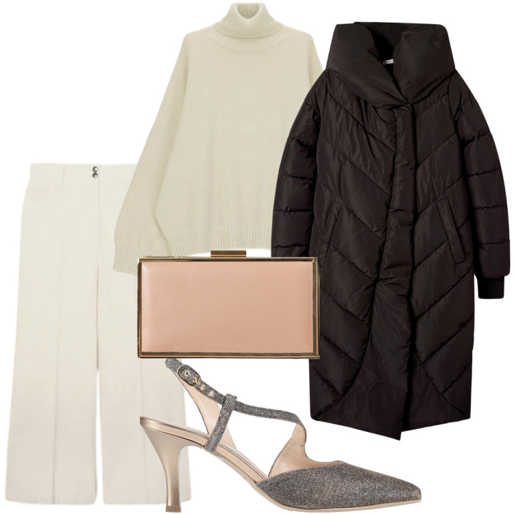 Outfit donna - Cena aziendale. Stile Urban per Serata fuori. Abbinamento con décolleté, pochette, cappotti, maglieria, pantaloni a palazzo.