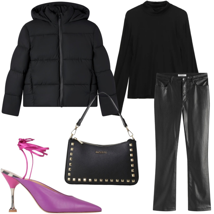 Outfit donna - Serata rock. Stile Rock per Serata fuori. Abbinamento con pantaloni, décolleté, bomber, pochette, maglieria.