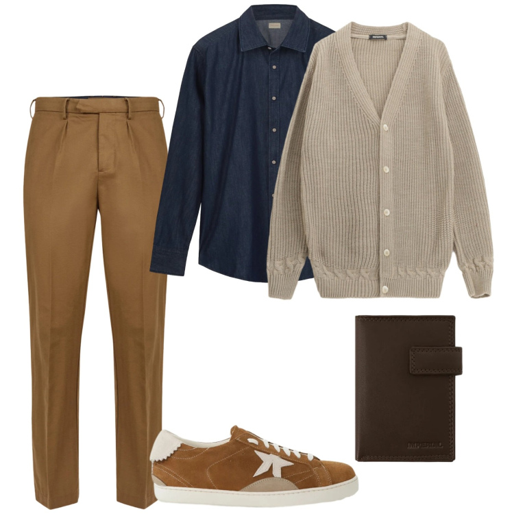 Outfit uomo - A lavoro. per Ufficio. Abbinamento con cardigans, portafogli, sneakers, pantaloni, camicie.
