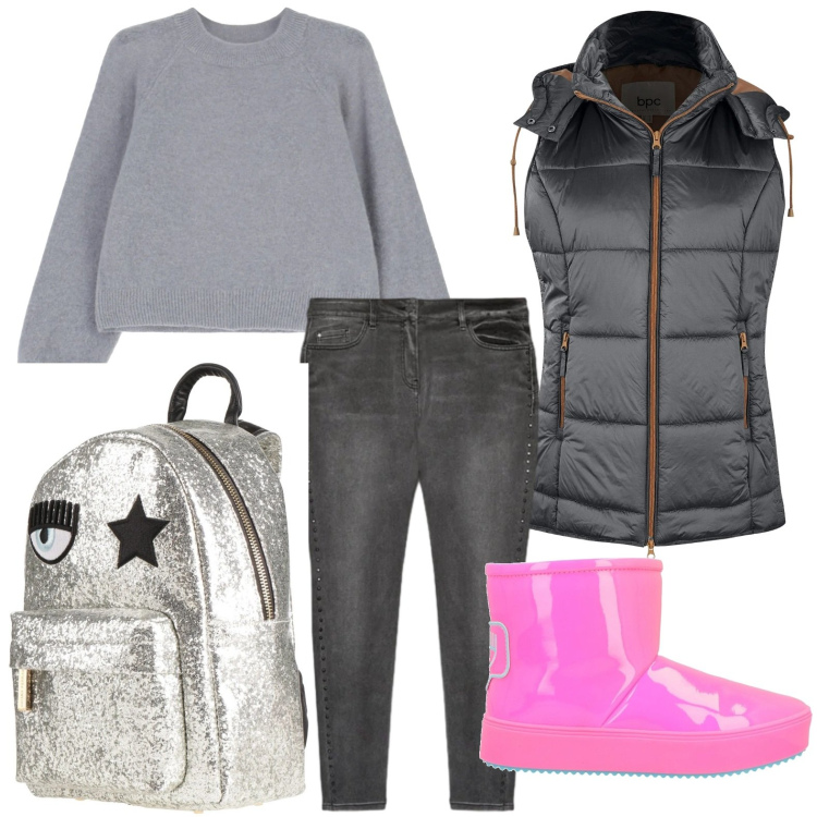 Outfit donna - Giornata dinamica. Stile Glamour per Scuola/Università. Abbinamento con gilet, stivaletti, zaini, maglieria, jeans skinny.