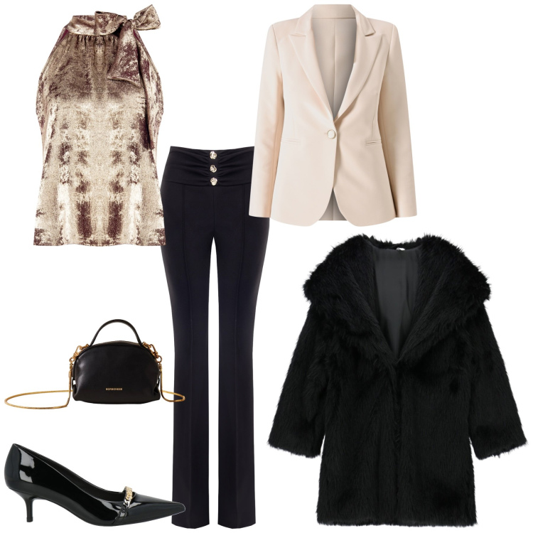 Outfit donna - Gold night!. Stile Glamour per Serata fuori. Abbinamento con décolleté, top, pantaloni, blazer, cappotti, borse a mano.