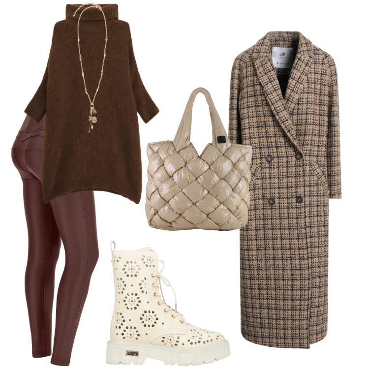 Outfit donna - Al centro commerciale. per Tutti i giorni. Abbinamento con anfibi, cappotti, maglieria, pantaloni skinny, borse tote, ciondoli.