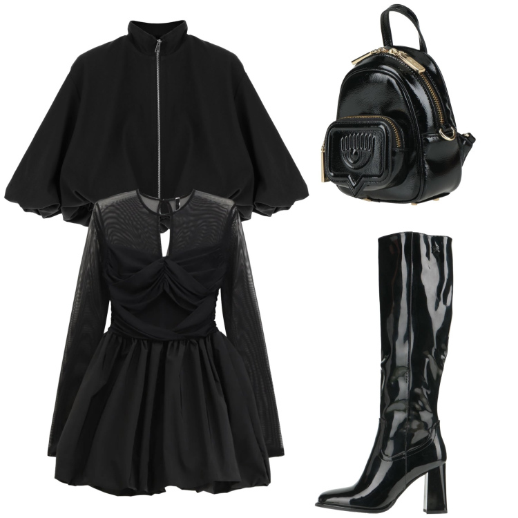 Outfit donna - Total look #2307331. Stile Glamour per Serata fuori. Abbinamento con stivali, zaini, bomber, vestiti corti.