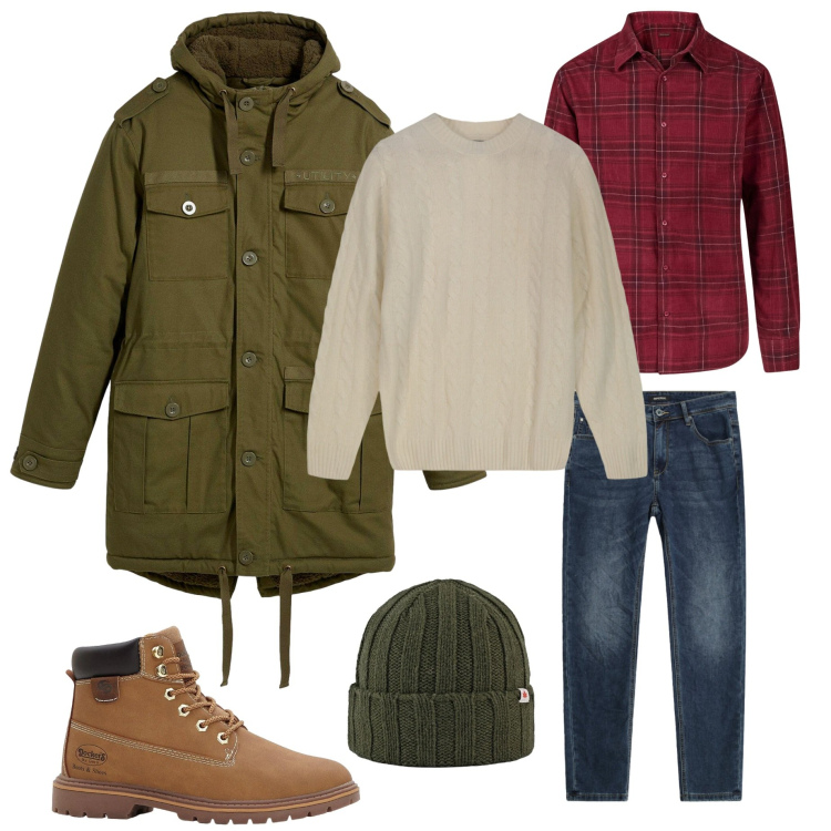 Outfit uomo - In città come in montagna. Stile Casual per Tutti i giorni. Abbinamento con stivali e stivaletti, parka, jeans slim fit, cappelli, camicie, maglieria.