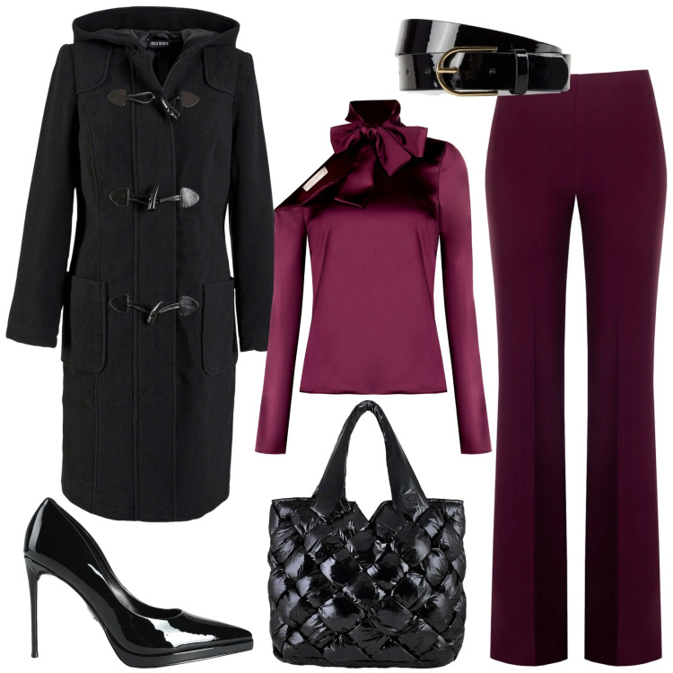 Outfit donna - Punto vita in risalto. Stile Casual chic per Serata fuori. Abbinamento con montgomery, cinture, décolleté, borse tote, bluse, pantaloni.