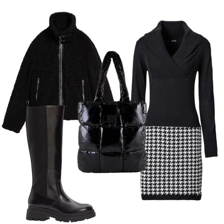 Outfit donna - Total look #2307361. Stile Casual chic per Ufficio. Abbinamento con vestiti, ecopellicce, stivali, shopping bag.