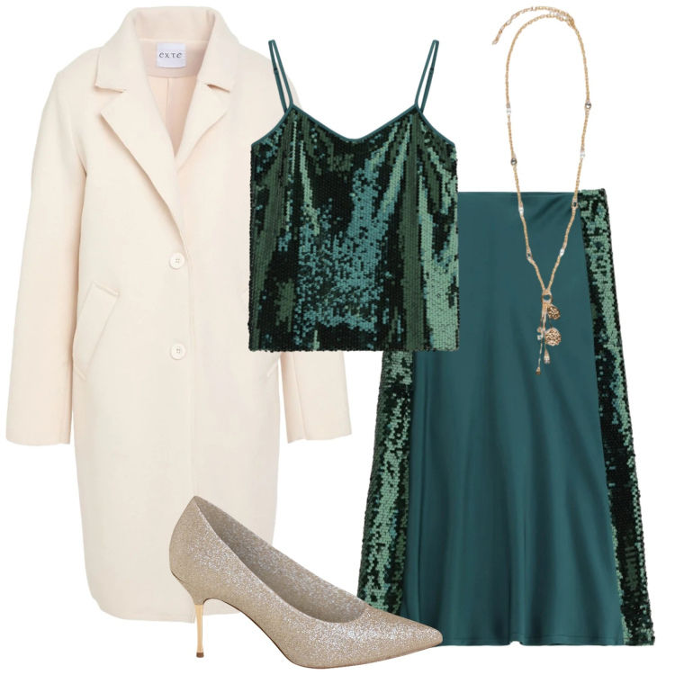 Outfit donna - Abbagliante. Stile Chic per Serata fuori. Abbinamento con cappotti, gonne lunghe, top, décolleté, ciondoli.