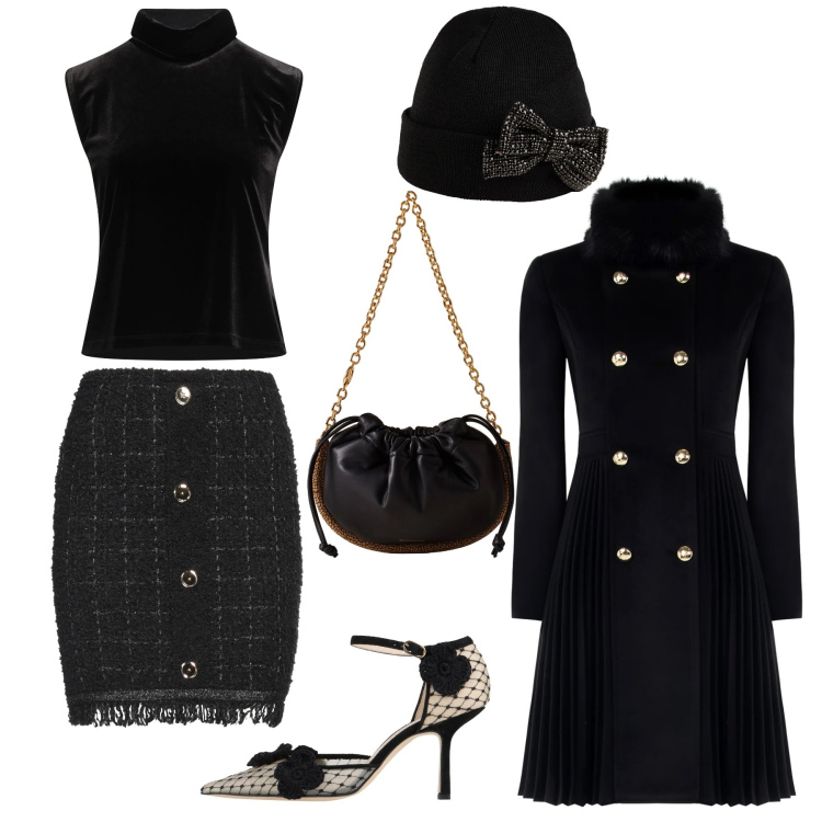 Outfit donna - Inverno bon ton retró. Stile Bon Ton per Serata fuori. Abbinamento con cappelli, minigonne, décolleté, top, cappotti, borse a spalla.