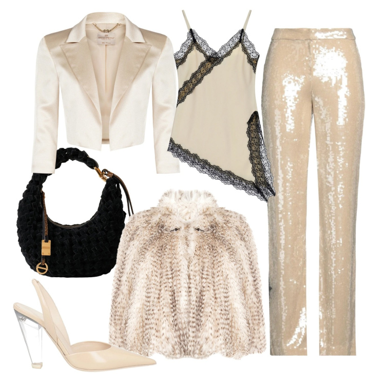 Outfit donna - La notte di Capodanno. Stile Glamour per Serata fuori. Abbinamento con pantaloni, décolleté, top, borse a mano, ecopellicce, bolero.