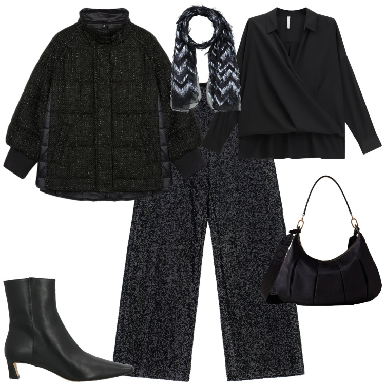Outfit donna - Chic serata speciale. Stile Chic per Serata fuori. Abbinamento con stivaletti, sciarpe, pantaloni a palazzo, camicie, borse a spalla, piumini.