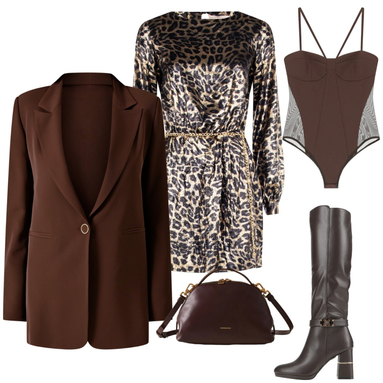 Outfit donna - Total look #2307378. Stile Chic per Serata fuori. Abbinamento con stivali, blazer, vestiti corti, body, borse a mano.