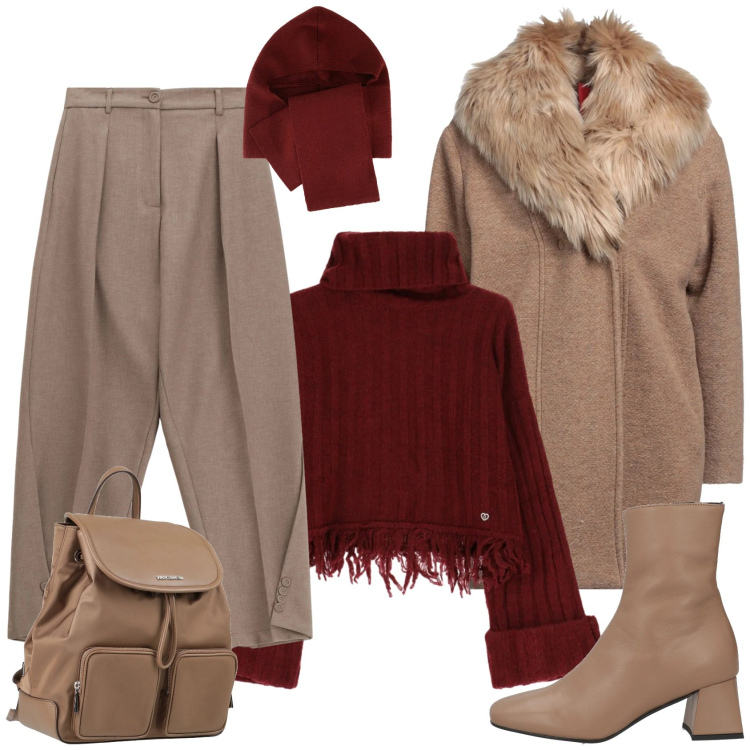 Outfit donna - Shopping natalizio. Stile Casual chic per Tutti i giorni. Abbinamento con cappotti, zaini, stivaletti, maglieria, sciarpe, pantaloni.