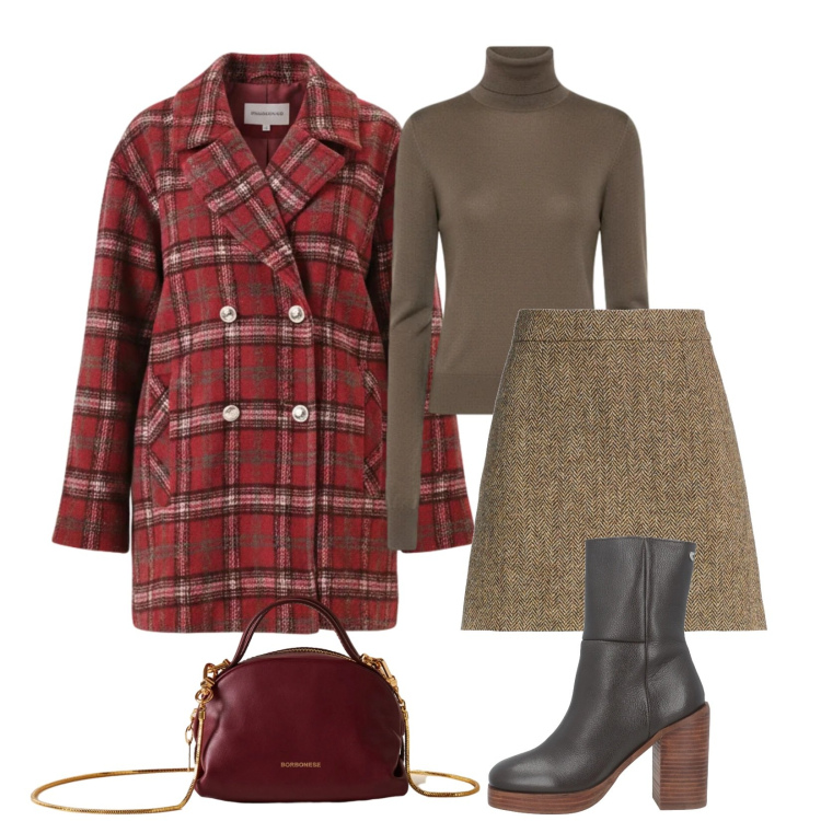 Outfit donna - Total look #2307383. Stile Casual chic per Tutti i giorni. Abbinamento con stivaletti, minigonne, cappotti, borse a mano, maglieria.