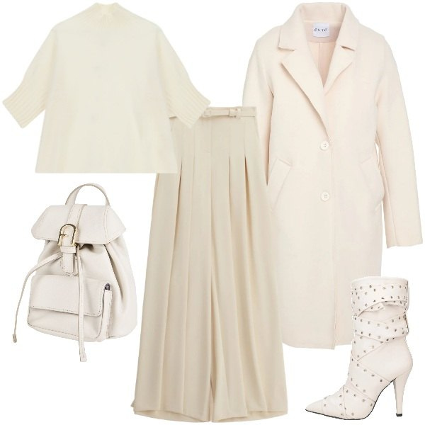 Outfit donna - white is the new black. Stile Glamour per Tutti i giorni. Abbinamento con cappotti, zaini, stivaletti, maglieria, pantaloni a palazzo.