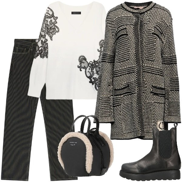 Outfit donna - dicembre in città. Stile Casual chic per Tutti i giorni. Abbinamento con cappotti, stivaletti chelsea, zaini, pantaloni, maglieria.