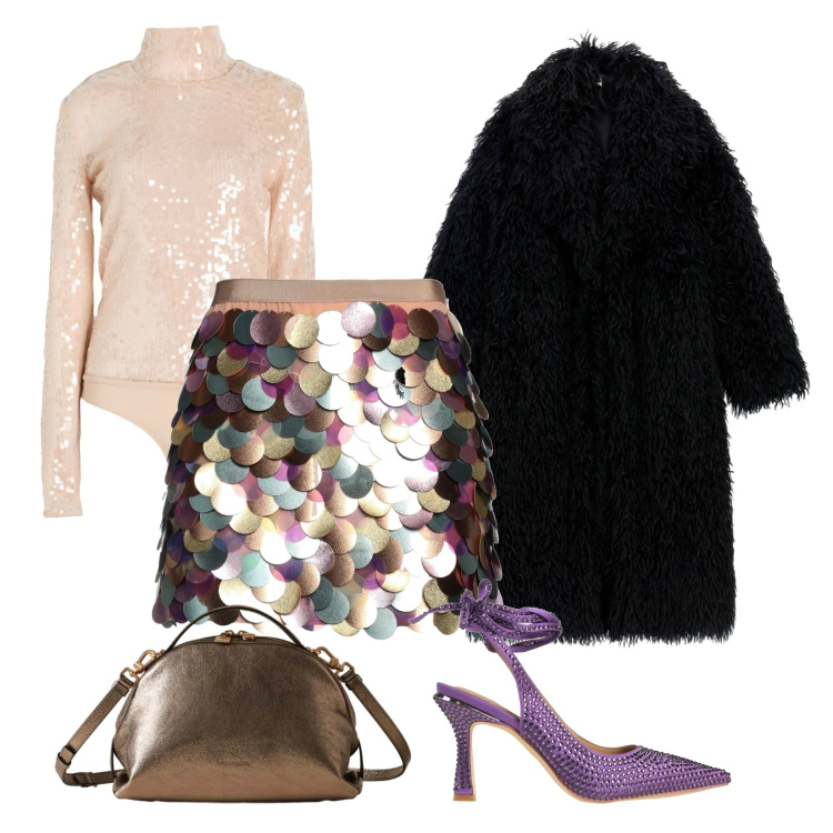 Outfit donna - La notte più lunga dell\' anno. Stile Glamour per Serata fuori. Abbinamento con body, minigonne, décolleté, cappotti, borse a mano.