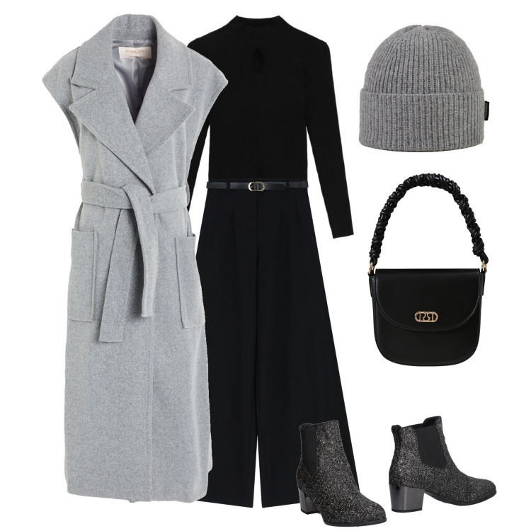 Outfit donna - Il cappotto smanicato. Stile Trendy per Tutti i giorni. Abbinamento con stivaletti chelsea, cappotti, borse a mano, maglieria, pantaloni a palazzo, berretti.