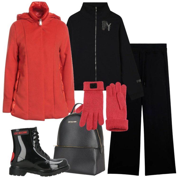 Outfit donna - Sporty-chic Il parka rosso. Stile Sporty chic per Tutti i giorni. Abbinamento con parka, zaini, stivaletti, pantaloni, felpe, guanti.