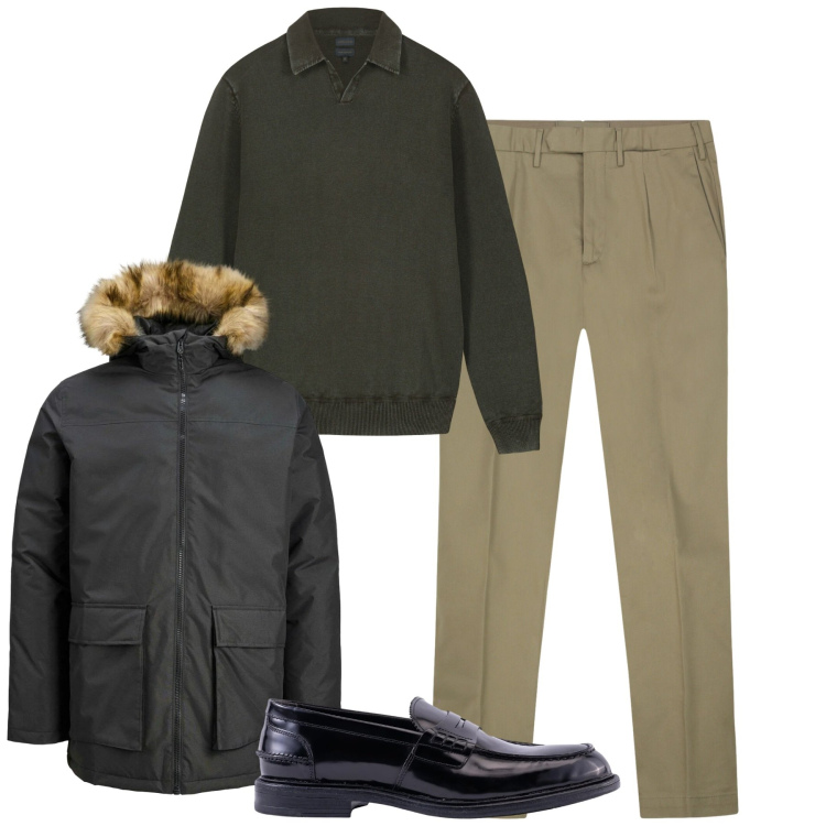 Outfit uomo - Total look #2307403. Stile Urban per Tutti i giorni. Abbinamento con parka, pantaloni, scarpe stringate, maglieria.
