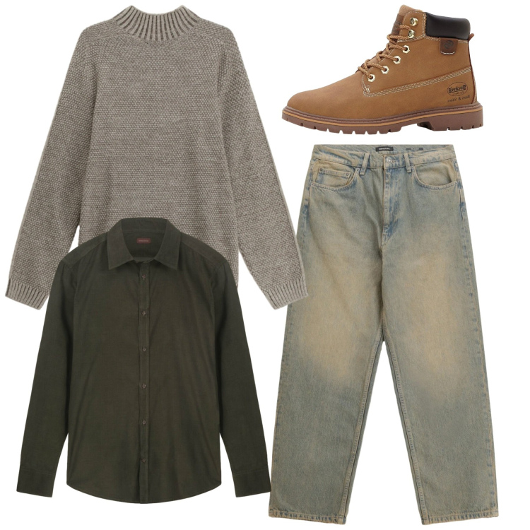 Outfit uomo - Total look. Stile Casual per Tutti i giorni. Abbinamento con stivali e stivaletti, jeans, maglieria, camicie.