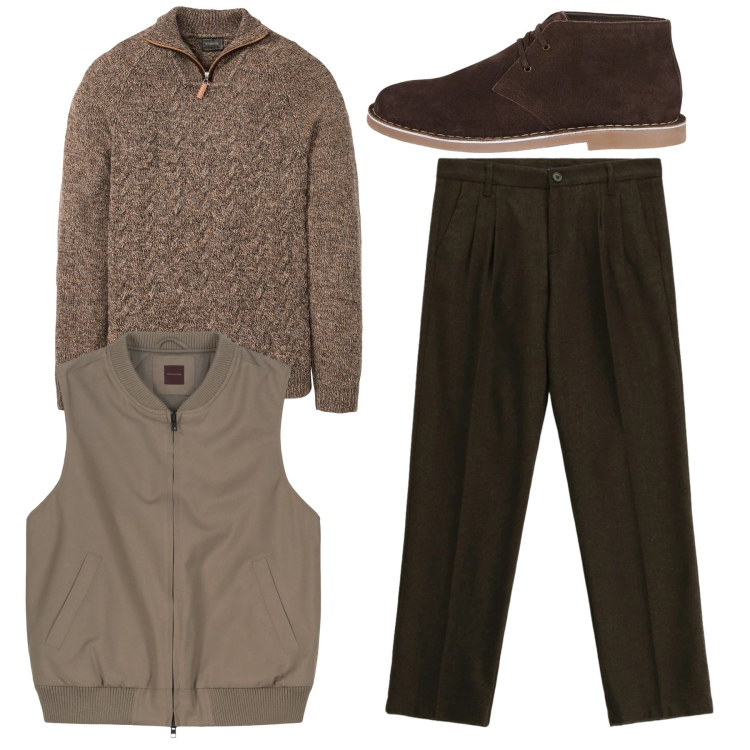Outfit uomo - Total brown. Stile Casual per Tutti i giorni. Abbinamento con maglieria, pantaloni, stivali e stivaletti, piumini.