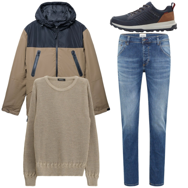 Outfit uomo - Total look. Stile Casual per Tutti i giorni. Abbinamento con jeans dritti, sneakers, bomber, maglieria.